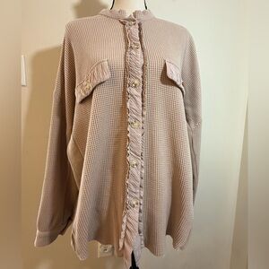 Chou Yatou boho tan waffled shirt jacket ruffle button up SZ 2XL